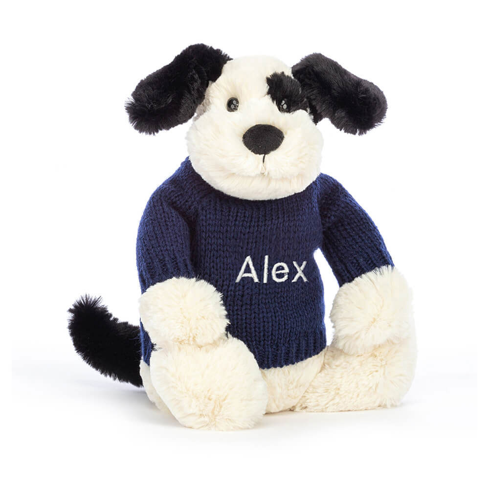 http://Bashful%20Black%20&%20Cream%20Puppy%20with%20Personalised%20Navy%20Jumper