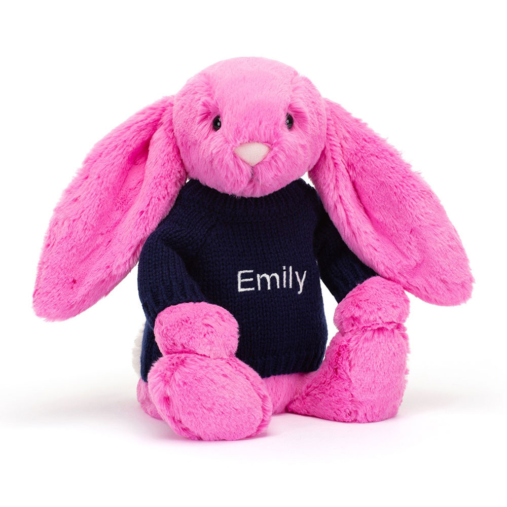 http://Bashful%20Hot%20Pink%20Bunny%20with%20Personalised%20Navy%20Jumper