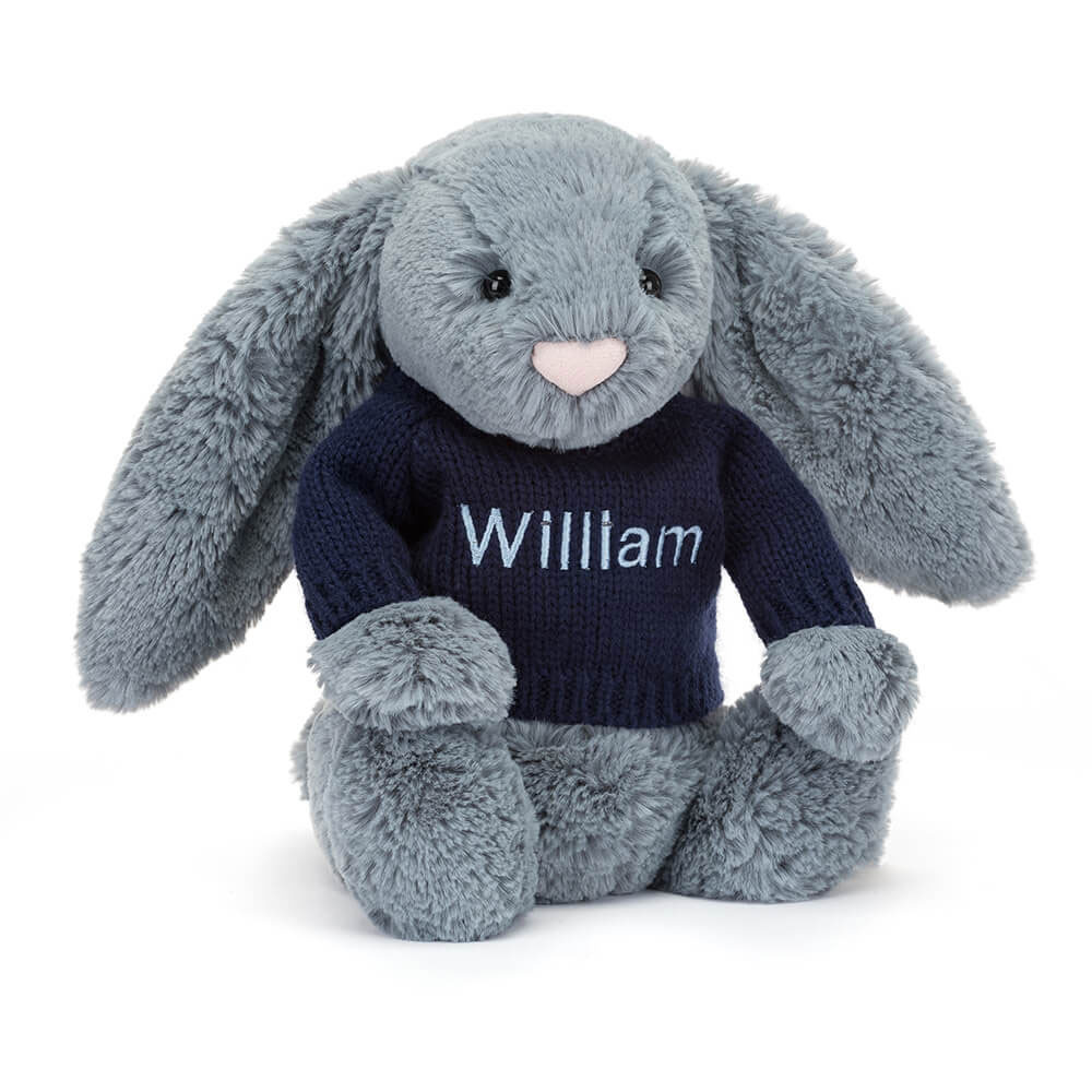http://Bashful%20Dusky%20Blue%20Bunny%20with%20Personalised%20Navy%20Jumper