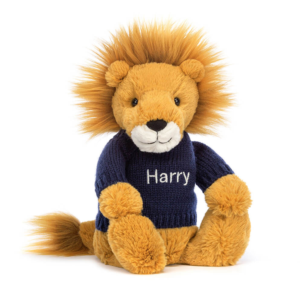 http://Bashful%20Lion%20with%20Personalised%20Navy%20Jumper