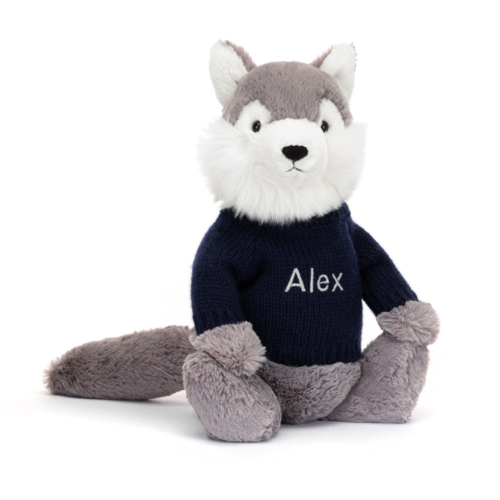 http://Bashful%20Wolf%20with%20Personalised%20Navy%20Jumper