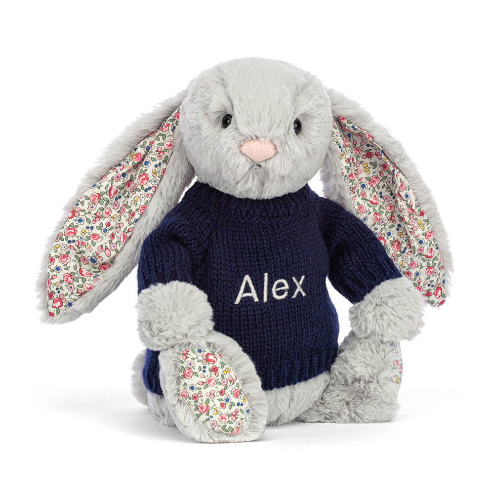 http://Blossom%20Silver%20Bunny%20with%20Personalised%20Navy%20Jumper
