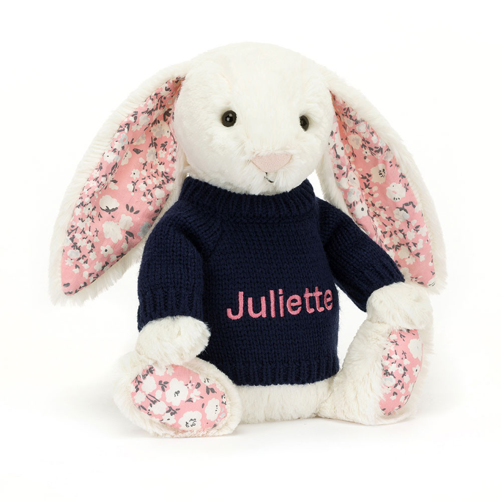 http://Blossom%20Cherry%20Bunny%20with%20Personalised%20Navy%20Jumper