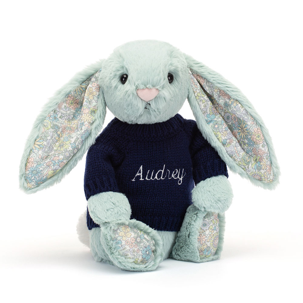 http://Blossom%20Sage%20Bunny%20with%20Personalised%20Navy%20Jumper