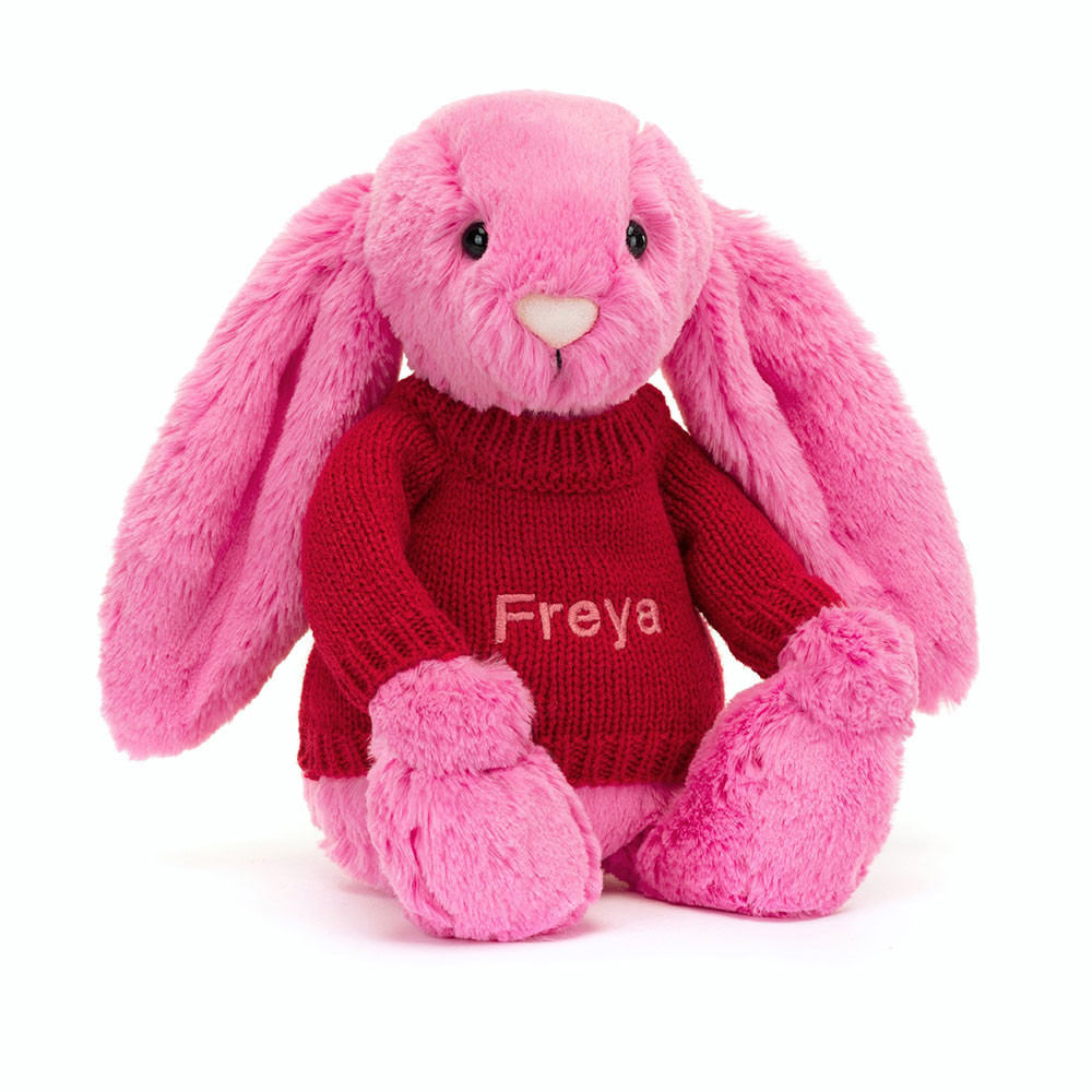 http://Bashful%20Hot%20Pink%20Bunny%20with%20Personalised%20Red%20Jumper
