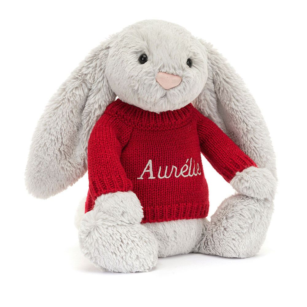 http://Bashful%20Silver%20Bunny%20with%20Personalised%20Red%20Jumper
