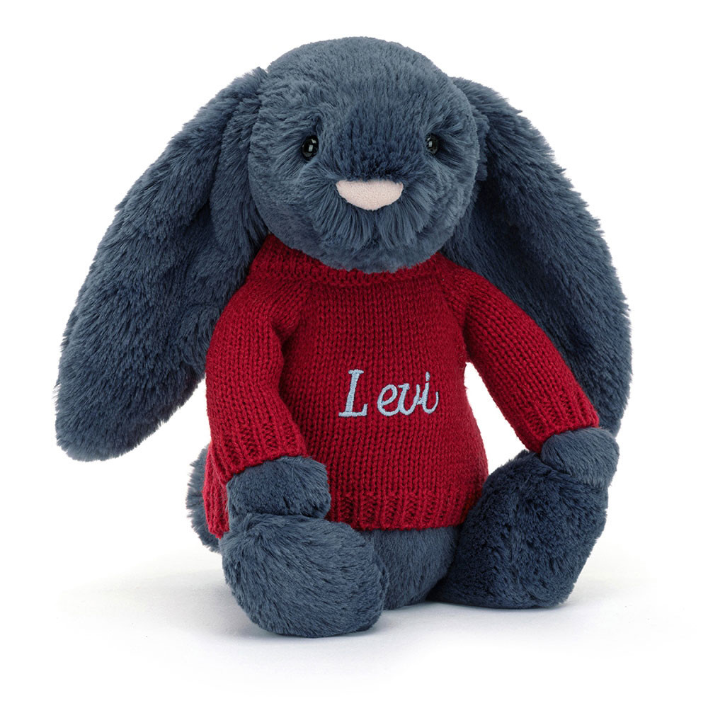 http://Bashful%20Navy%20Bunny%20with%20Personalised%20Red%20Jumper
