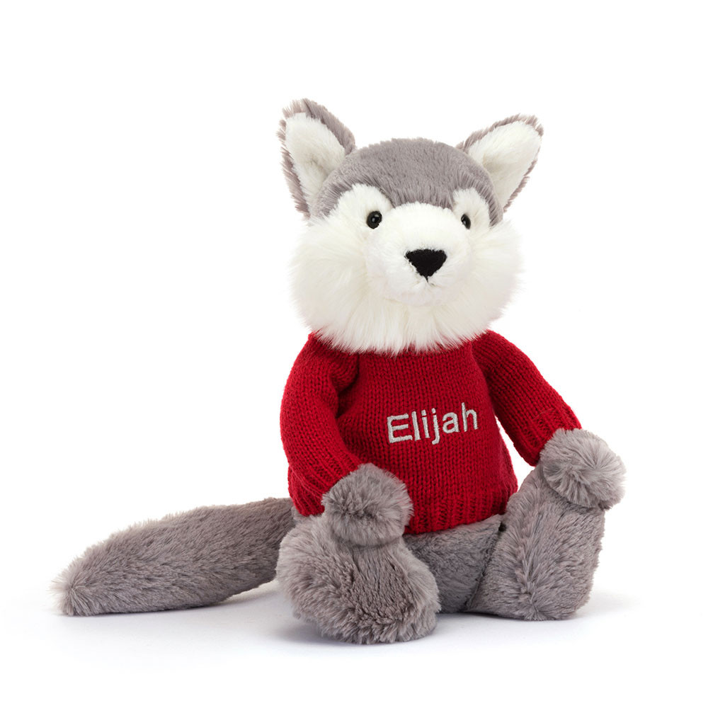 http://Bashful%20Wolf%20with%20Personalised%20Red%20Jumper