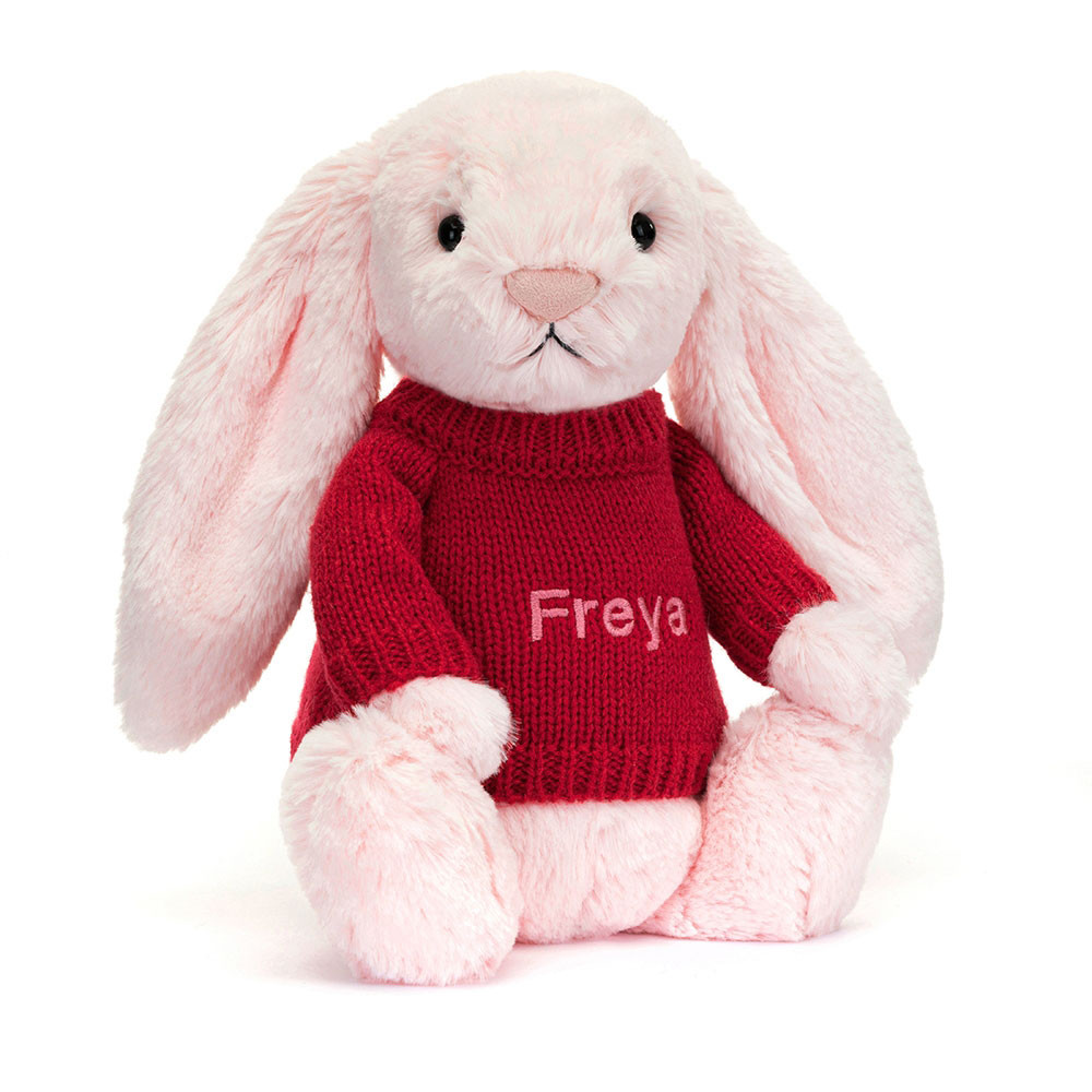 http://Bashful%20Pink%20Bunny%20with%20Personalised%20Red%20Jumper